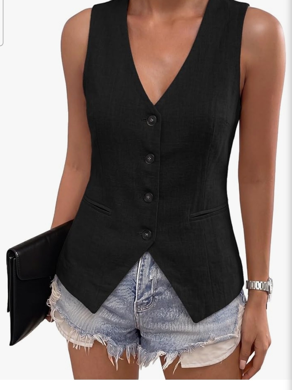 Women’s Dokotoo Black Button-Front V‑Neck Tailored Vest Size Large